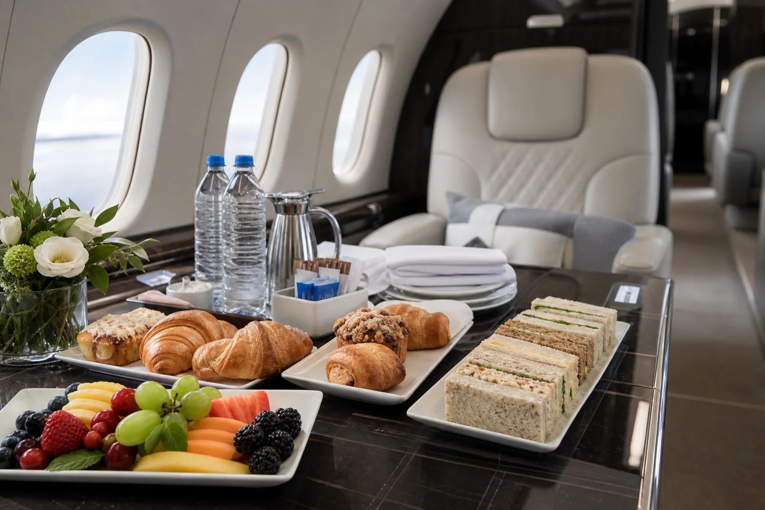 Fresh fruit, pastries, sandwiches, water, and coffee arranged inside a business aircraft cabin